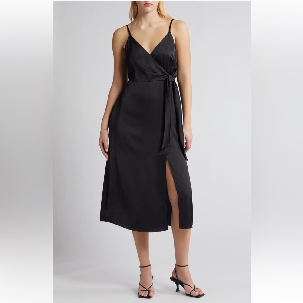 Satin dress! Side tie and leg slit!